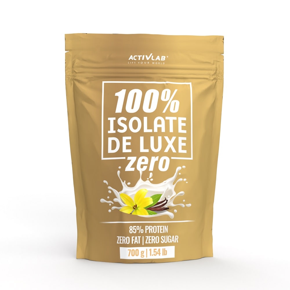 Beige protein powder package with '100% Isolate De Luxe Zero' text on a white background