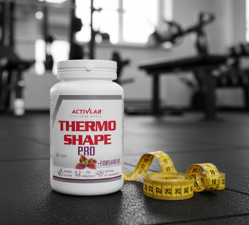 Thermo Shape Pro supplement bottle with a measuring tape on a gym floor.