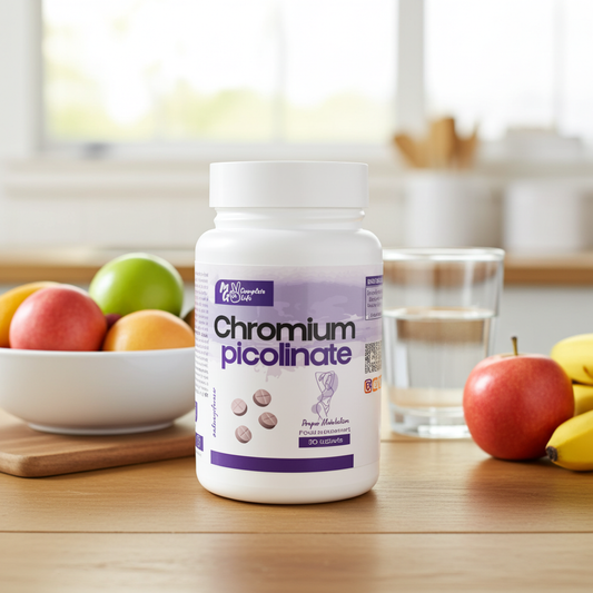 Bottle of Chromium picolinate supplement on a kitchen counter with fruits and a glass.