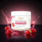 Container of Glow & Beauty Marine Collagen with raspberries and strawberries on a dark background