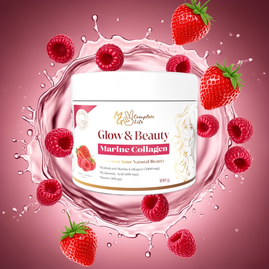 Marine collagen product with strawberries and raspberries on a pink background