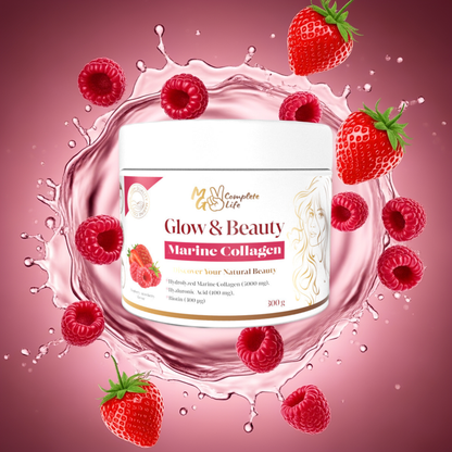 Marine collagen product with strawberries and raspberries on a pink background