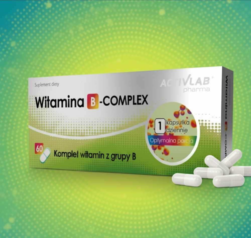 Box of ActivLab Witamina B-Complex with white capsules on a green background