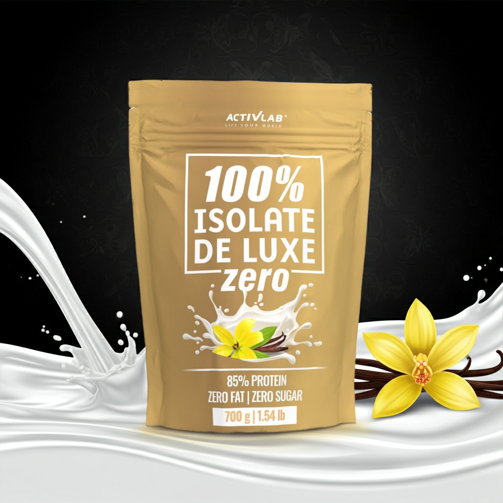 Beige protein powder package with vanilla flowers and milk on a dark background