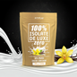 Beige protein powder package with vanilla flowers and milk on a dark background