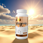 Vitamin D3+K2 supplement bottle with a desert sunset background