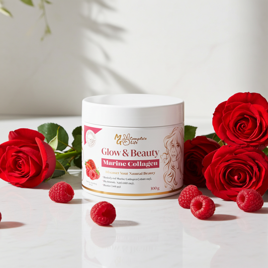 Jar of 'Glow & Beauty Marine Collagen' with red roses and raspberries on a light background