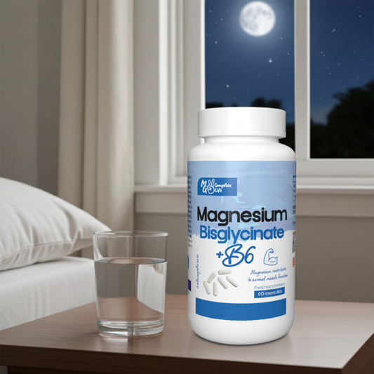 Bottle of Magnesium Bisglycinate + B6 supplement on a nightstand with a glass of water.