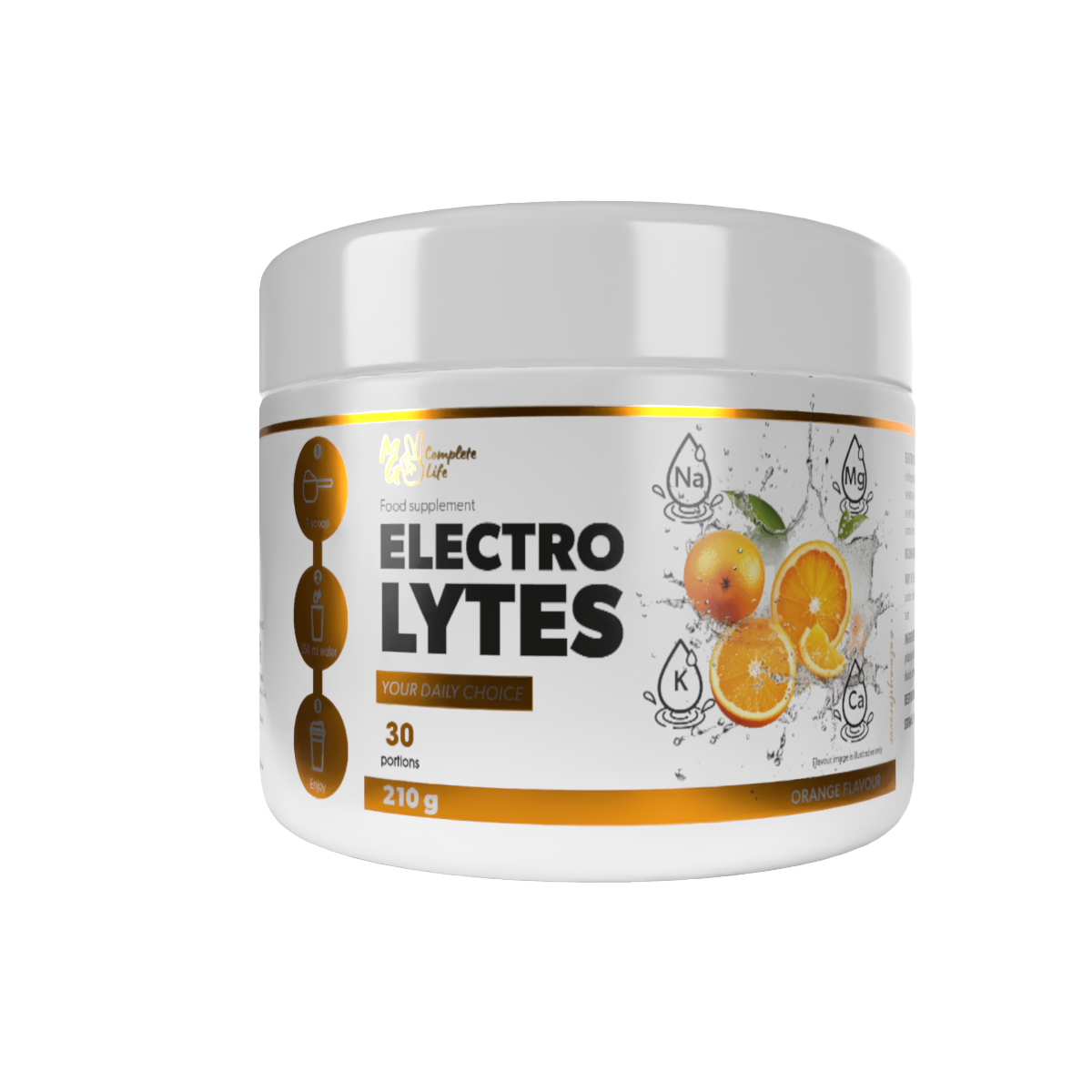 Jar of Electrolytes supplement with orange flavour on a white background