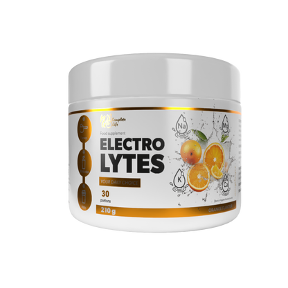 Jar of Electrolytes supplement with orange flavour on a white background